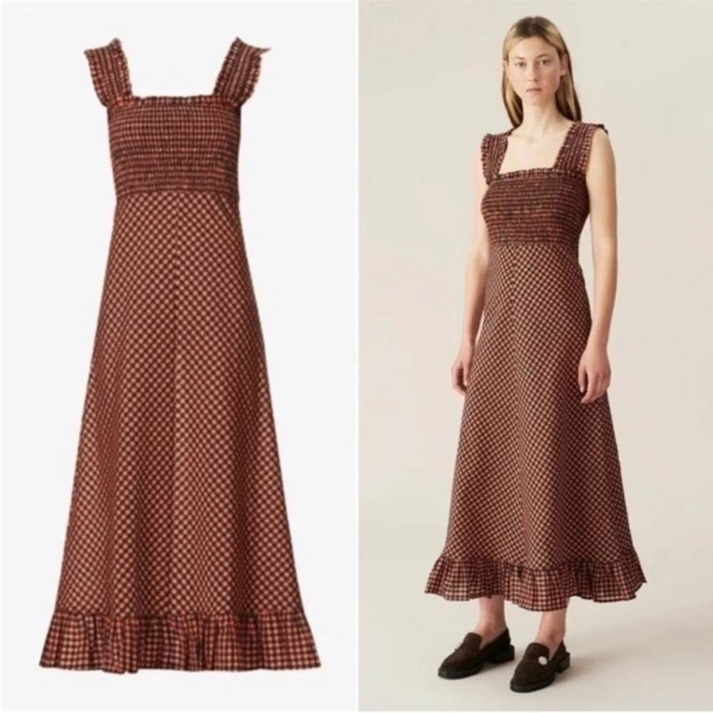 Ganni Dress Seersucker Midi Smocked in Flame Check Red